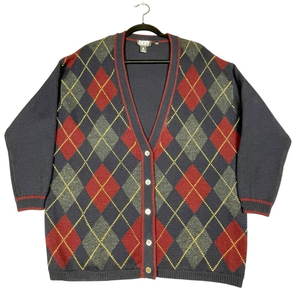 DKNY Wool Argyle Preppy Collegiate Grandmacore Relaxed Cardigan Sweater *